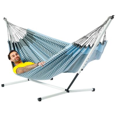 Tweepersoons hangmat met metalen standaard - 350x160cm - Blauw - 160kg draagkracht- 100% katoen - binnen & buiten