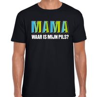 Mama waar is mijn pils t-shirt zwart met blauwe/groene letters voor heren - thumbnail