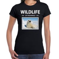 Zeehond t-shirt met dieren foto wildlife of the world zwart voor dames - thumbnail