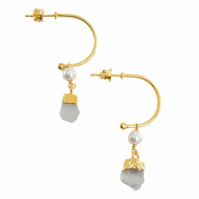 Edelsteen Oorhangers Parel en Regenboog Maansteen 925 Zilver Goudkleurig (45 mm)