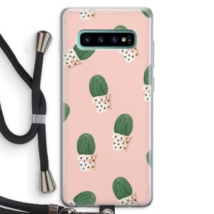 Cactusprint roze: Samsung Galaxy S10 Plus Transparant Hoesje met koord