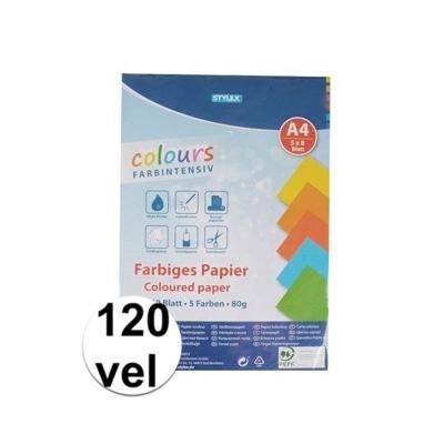 Stylex gekleurd hobby papier vellen - 120x stuks - A4 papier - 80 gram - 5 kleuren