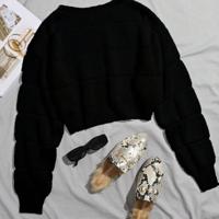 Bon&Bon Hot Pink Ribbed Knit Crop Sweater - Casual Drop Shoulder Pullover Black / XL