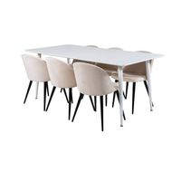 Polar180X90WHWH eethoek eetkamertafel wit en 6 Velvet eetkamerstal velours beige, zwart. - thumbnail