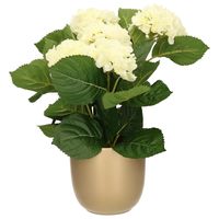 Hortensia kunstplant/kunstbloemen 36 cm - wit - in pot goud glans