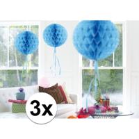 Decoratie bol - 3x - blauw - 30 cm - crepe papier - versiering - feestversiering