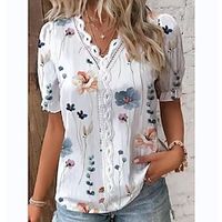 Dames Overhemd Blouse Bloemig Contrasterend kant Lapwerk Stijlvol Boho Korte mouw V-hals Wit Zomer Lightinthebox - thumbnail