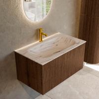 Badmeubel Mondiaz Kurve-Dlux | 80 cm | Meubelkleur Walnut | Wastafelkleur Nata | Solid surface | Wasbak midden spoelbak | 1 kraangat
