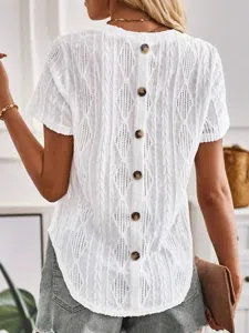 Buttoned Simple Plain Crew Neck Shirt