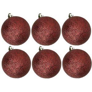 6x stuks kunststof glitter kerstballen donkerrood 8 cm