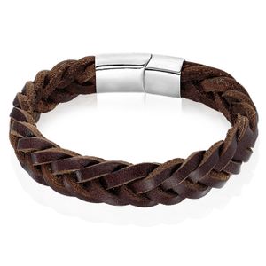 Heren armband LGT Jewels Gevlochten Leer Edelstaal Bruin Zilverkleurig-23cm