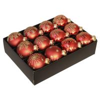 Luxe kerstballen - gedecoreerd - 12x st - rood - D7,5 cm - glas - kerstversiering - thumbnail