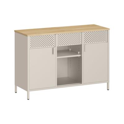 Metalen opbergkast met dubbele deur en verstelbare planken, Zandbeige + natuurlijke eikenkleuren