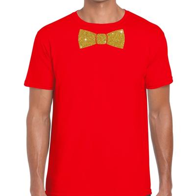 Feestkleding t-shirt - met gouden strikje - rood - voor heren - vlinderdas - glitter and glamour