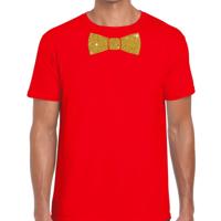 Feestkleding t-shirt - met gouden strikje - rood - voor heren - vlinderdas - glitter and glamour