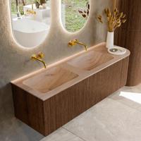 Badmeubel Mondiaz Kurve-Dlux | 145 cm | Meubelkleur Walnut | Wastafelkleur Saba | Solid surface | Dubbel / Links spoelbak | Zonder kraangat(en)