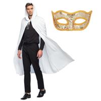 Gemaskerd bal/Halloween verkleedkleding - Met oogmasker in goud - Lange witte mantel met capuchon
