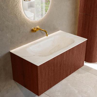 Badmeubel Mondiaz Kurve-Dlux | 90 cm cm | Meubelkleur Ruby | Wastafelkleur Ostra | Solid surface | Wasbak midden spoelbak | Zonder kraangat(en)