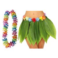 Hawaii verkleed hoela rokje en bloemenkrans met led - volwassenen - groen - tropisch themafeest - thumbnail