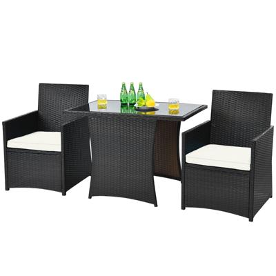 3-Delige Patio Eetset Ruimtebesparende PE Rotan Bistroset met Gehard Glazen Tafelblad en Gewatteerde Stoelen Gemengd Bruin