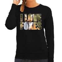 Tekst sweater I love foxes met dieren foto van een vos zwart voor dames - thumbnail