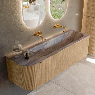 Badmeubel Mondiaz Kurve-Dlux | 145 cm | Meubelkleur Oak | Wastafelkleur Oza | Solid surface | Wasbak rechter zijde spoelbak | Zonder kraangat(en)