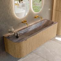 Badmeubel Mondiaz Kurve-Dlux | 145 cm | Meubelkleur Oak | Wastafelkleur Oza | Solid surface | Wasbak rechter zijde spoelbak | Zonder kraangat(en)