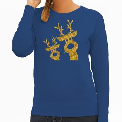 Kersttrui / sweater - dames - gouden rendieren - blauw - glitter goud Kersttrui / sweater - dames - gouden rendieren - blauw - glitter goud