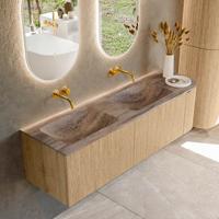 Badmeubel Mondiaz Kurve-Dlux | 155 cm | Meubelkleur Oak | Wastafelkleur Oza | Solid surface | Dubbel / Links spoelbak | Zonder kraangat(en)