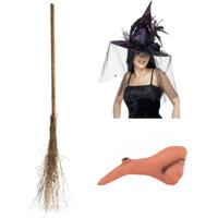 Smiffys Heksen verkleed set - voor dames - heksenhoed - haakneus - heksenbezem van 110 cm
