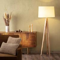 Vloerlamp met 3 houten poten & stoffen E27 fitting &apos;Melchior&apos; 162 cm