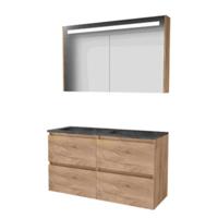 Basic-Line Premium 46 Badkamermeubelset - 120 x 46 cm - Greeploos - 4 Lades - Hardstenen Wastafel - 2 Kraangaten - Spiegelkast met LED Verlichting - Whisky Oak