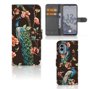 Nokia X30 Telefoonhoesje met Pasjes Pauw met Bloemen