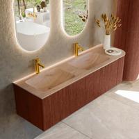 Badmeubel Mondiaz Kurve-Dlux | 155 cm | Meubelkleur Ruby | Wastafelkleur Saba | Solid surface | Dubbel / Links spoelbak | 2 kraangaten