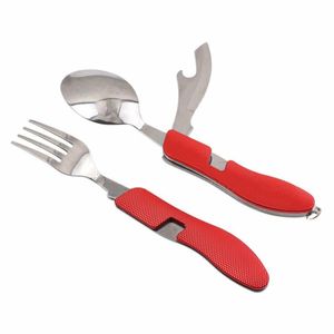 Camping/veld bestekset 4-in-1 - opvouwbaar - rood - RVS