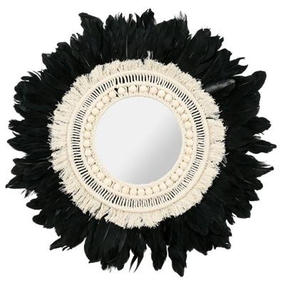 Wandspiegel bohemian Veren - zwart/wit - rond - boho/ibiza stijl - Dia 57 cm