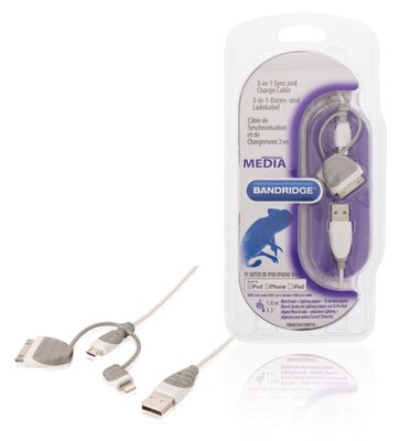 Bandridge 3-in-1 Data en Oplaadkabel USB A Male naar Micro-B Male 1 m Wit | 1 stuks - BBM39410W10 BBM39410W10