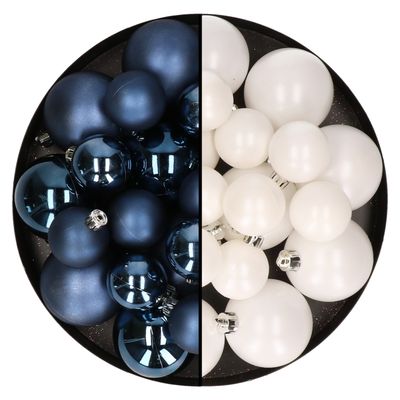 Kerstversiering kunststof kerstballen mix donkerblauw/winter wit 4-6-8 cm pakket van 68x stuks