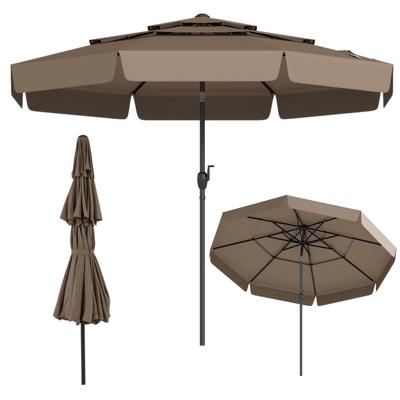 300 cm Parasol Kantelbare Nuitenparasol met 3-Traps Geventileerd Dak Ruches Slinger 8 Baleinen Tuinparasol met Zonwering-Bruin