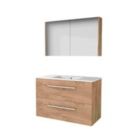 Basic-Line Comfort 46 Badkamermeubelset - 100 x 46 cm - Met Grepen - 2 Lades - Keramische Wastafel - 1 Kraangat - Spiegelkast - Whisky Oak