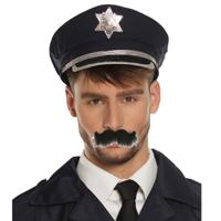 Carnaval verkleed politiepet - met politie thema plaksnor - blauw - heren - verkleedkleding