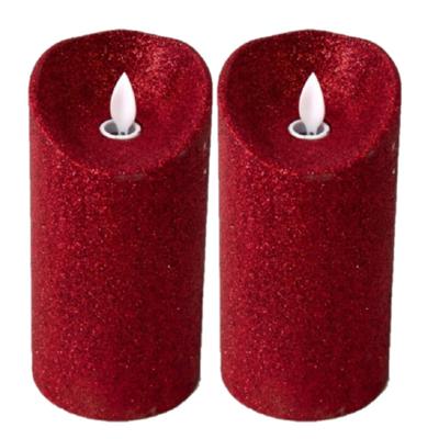 LED kaars/stompkaars - 2x stuks - rood - H15 cm - glitters - kerst kaarsen