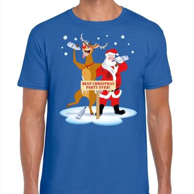 Foute Kerst print t-shirt - dronken kerstman en rendier Rudolf - na kerstborrel - blauw - heren Foute Kerst print t-shirt - dronken kerstman en rendier Rudolf - na kerstborrel - blauw - heren