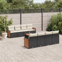 9-delige Loungeset met kussens poly rattan zwart