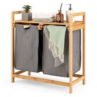 Bamboe Wasmand met Twee Compartimenten 2-Sectie Wasserij Sorter Mand met Afneembare Glijdende Zakken & Bovenste Plank