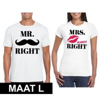 Bruiloft cadeau Mr. Right en Mr. Right Mrs. Always Right t-shirt wit dames en heren maat L L  - - thumbnail