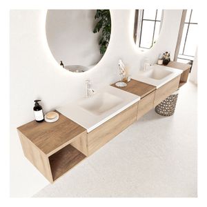 Mondiaz Bukla 280cm badmeubel met open module 40 L+R kleur washed oak 3 lades wastafel dubbel 2 kraangaten kleur talc