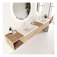 Mondiaz Bukla 280cm badmeubel met open module 40 L+R kleur washed oak 3 lades wastafel dubbel 2 kraangaten kleur talc