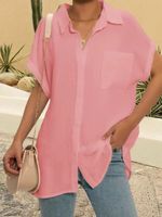 Casual Shirt Collar Cotton Blends Short Sleeve Blouse - thumbnail