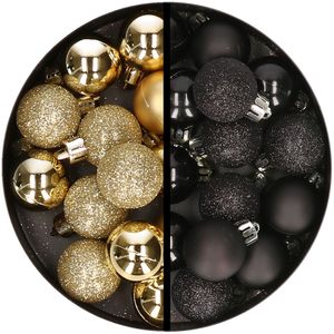 34x stuks kunststof kerstballen goud en zwart 3 cm